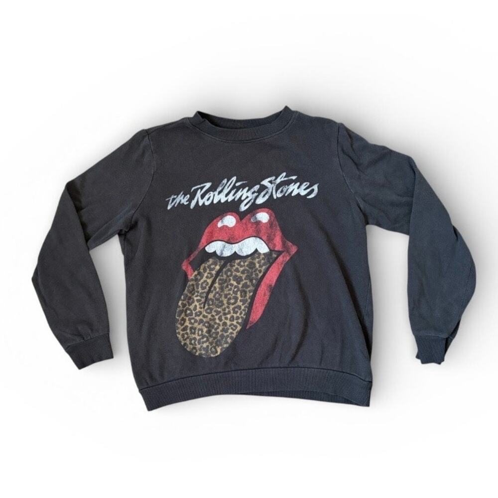 Rolling Stones Women's Black Leopard Print Tongue Crewneck Sweatshirt Sz XS Rock